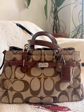 Coach Brown Signature Jayden Carryall Canvas Satchel with Leather Trim Hobo Bag